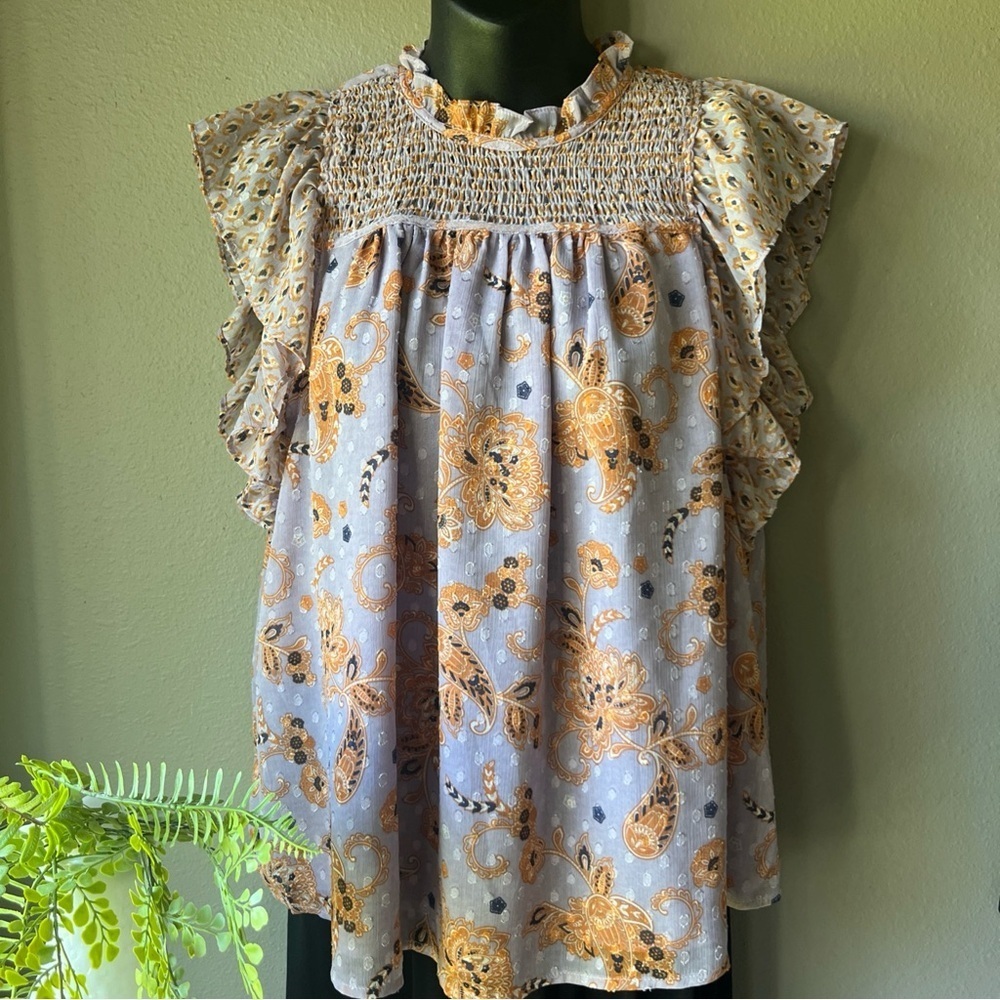 Maison d'Amelie Smocked Ruffle Sleeve Lavender Blouse Paisley Print Top Size M
